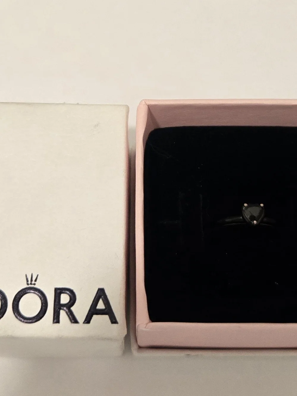 Pandora Heart-Shaped Black Stone Ring  Over SS. Sz. 3.75